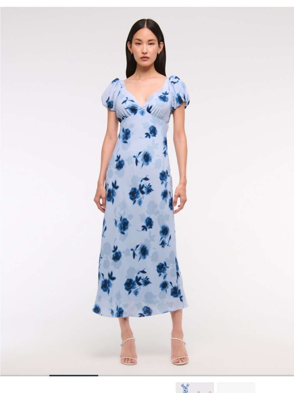 Abercrombie & Fitch puff sleeve lilac Blue Floral Midi Dress with Navy Blooms